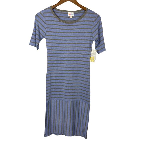 LuLaRoe | NWT Julia Blue & Gray Stripe 1/4 Sleeve Fitted Bodycon T-shirt Dress - Picture 1 of 6